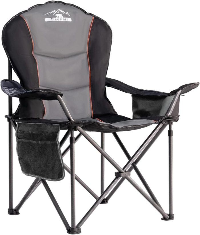 Oversized Camping Chair Folding Chair with Cooler Padded Outdoor Chairs Heavy Duty Support 500 LBS Steel Frame Collapsible Arm Chair with Cup Holder Black&Gray